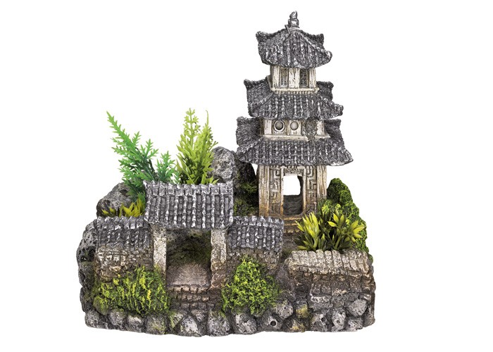 Accesorii pesti | Ornament pentru acvariu | "ASIAN TEMPLE" - cu plante | L18,5 X W14,2