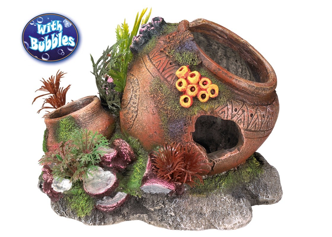 Accesorii pesti | Ornament pentru acvariu | "JAR WITH SHELLS" - cu plante | L17,5 X W13,2