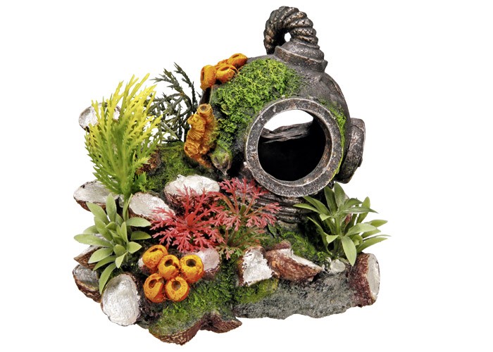 Accesorii pesti | Ornament pentru acvariu | "HELMET" cu plante | L13,5 X W11 X H12 CM