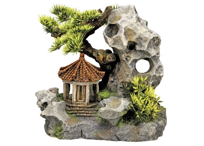 Accesorii pesti | Ornament pentru acvariu | "TEMPLE ON CLIFF" cu plante | L19 X W13 X H17