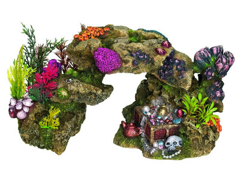 Accesorii pesti | Ornament pentru acvariu | "ROCK WITH TREASURE"- cu plante | L31,5 X W13