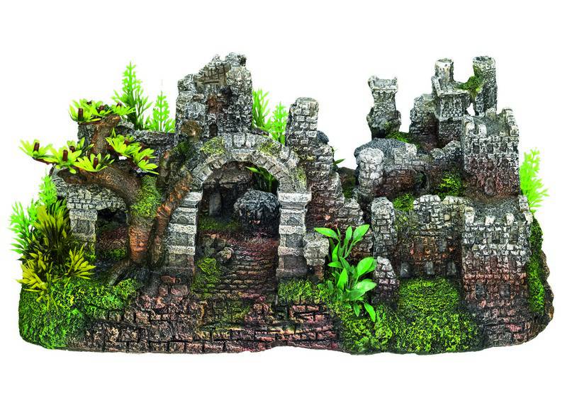 Accesorii pesti | Ornament pentru acvariu | "CASTLE RUIN"- cu plante | L32,5 X W19,5 X H1