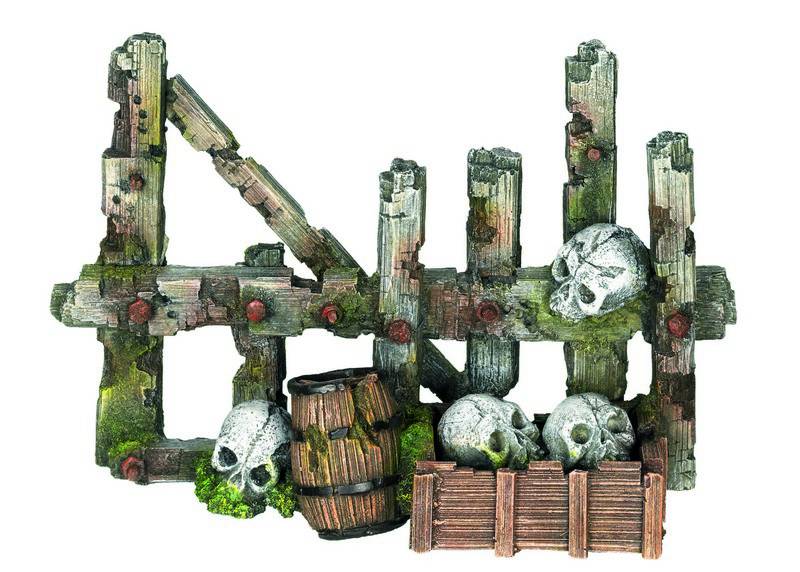 Accesorii pesti | Ornament pentru acvariu | "WOODEN FENCE WITH SCULL AND BARREL" | L25 X