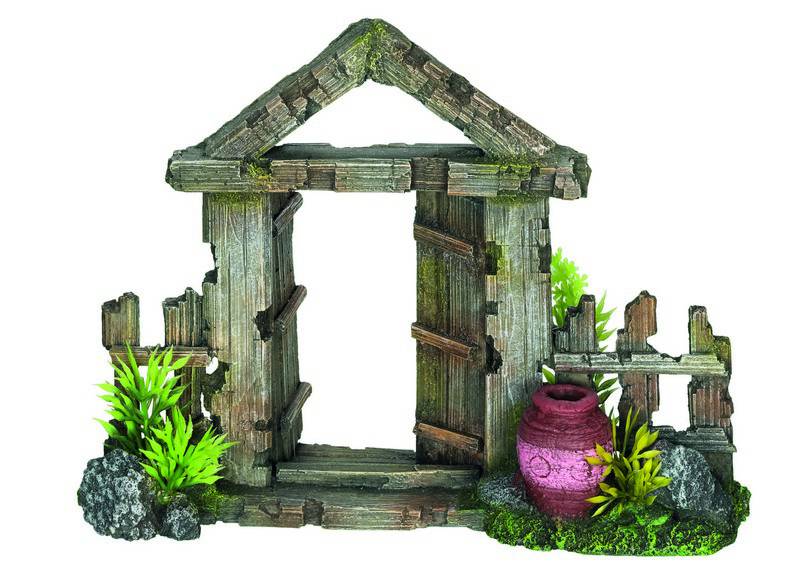 Accesorii pesti | Ornament pentru acvariu | "WOODEN GATE WITH JAR" - cu plante | L21 X W7