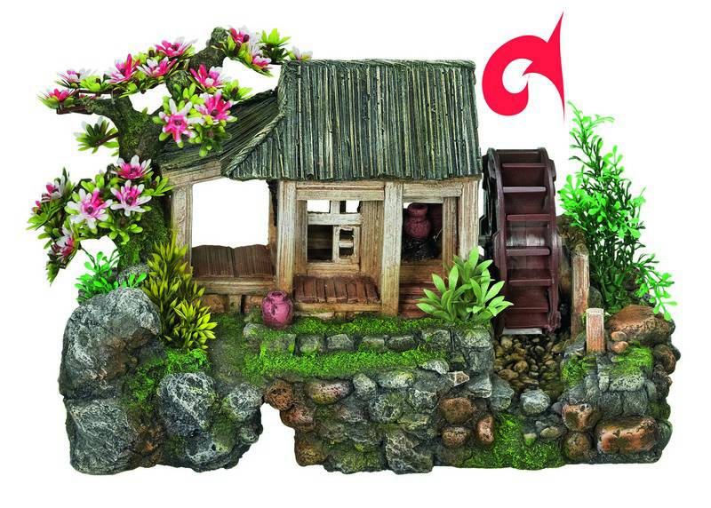 Accesorii pesti | Ornament pentru acvariu | "HOUSE WITH WATER WHEEL"  - cu plante | L35 X