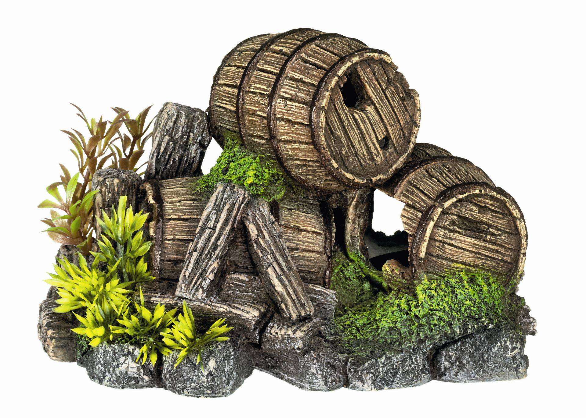 Accesorii pesti | Ornament pentru acvariu | "BARRELS" - cu plante | L20,5 X W12,5 X H13 CM