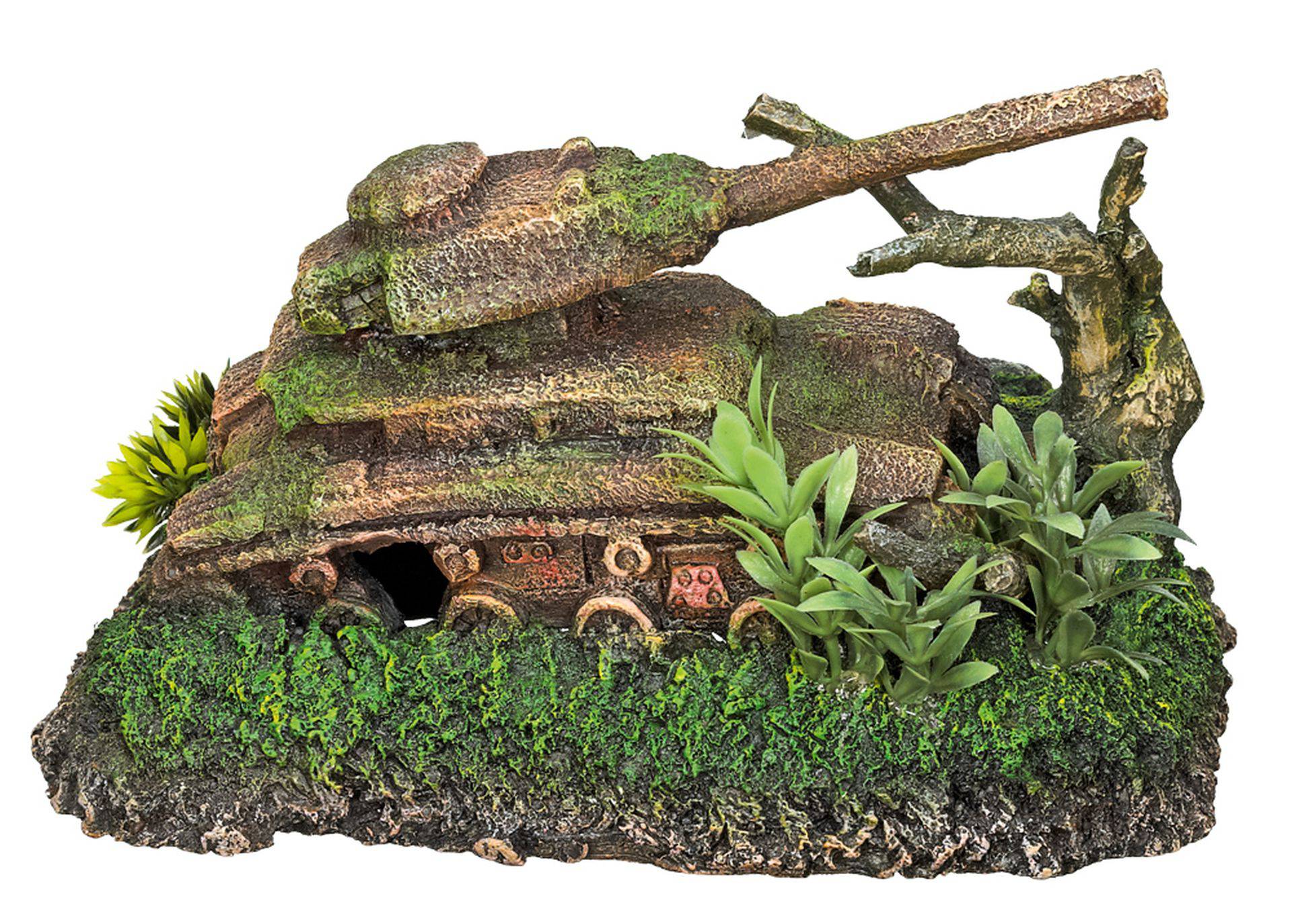 Accesorii pesti | Ornament pentru acvariu | "BATTLE-TANK" cu plante | L20,0 X W14,0 X H12,