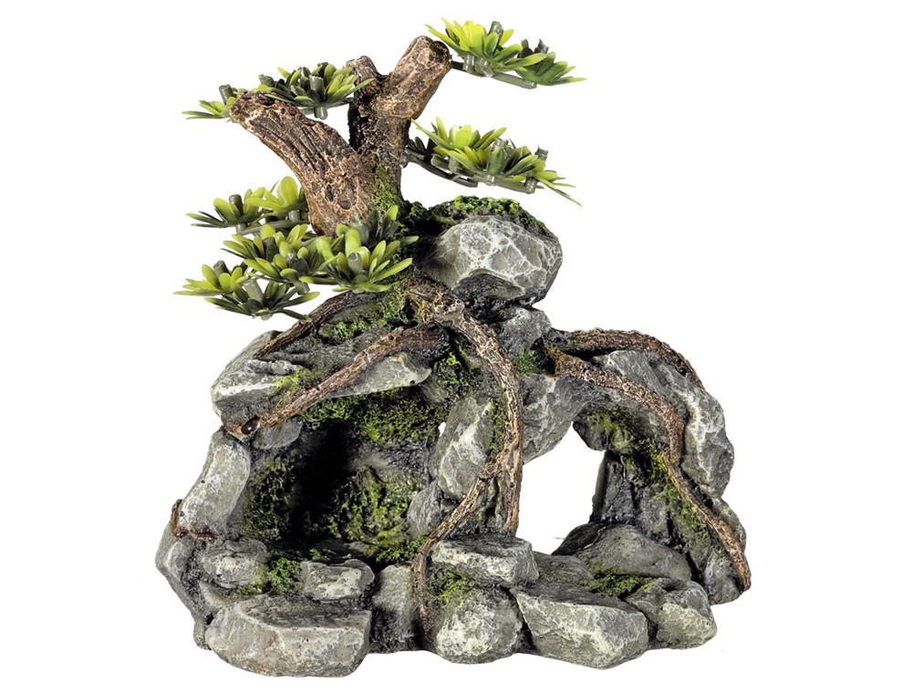 Ornament pentru acvariu |  "ROCK CAVE" cu plante | 13,3 x 9,5 x 12,8