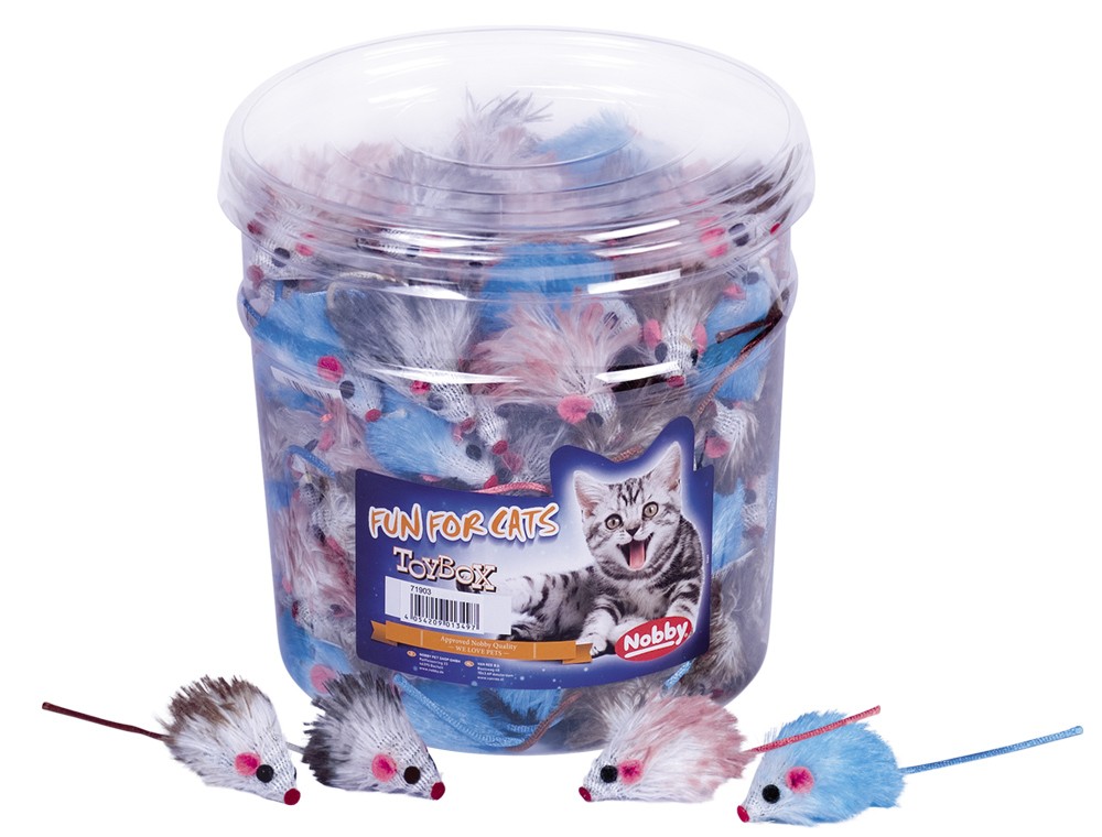 TOY BOX CAT,PLUSH MOUSE, COLOURED TUBE 144 PCS., 5 CM