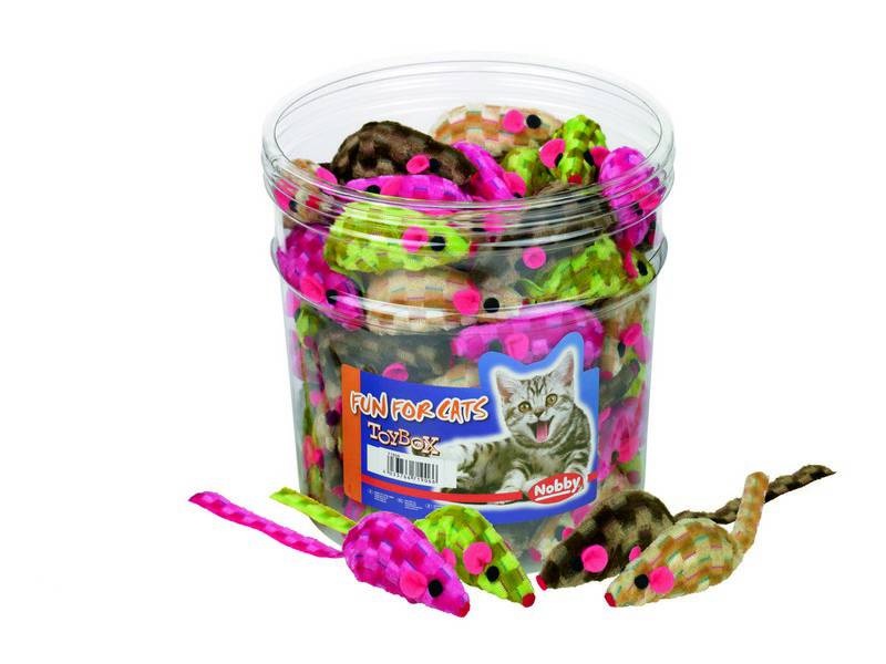 TOY BOX CAT,PLUSH MOUSE, COLOURED TUBE 60 PCS., 7 CM