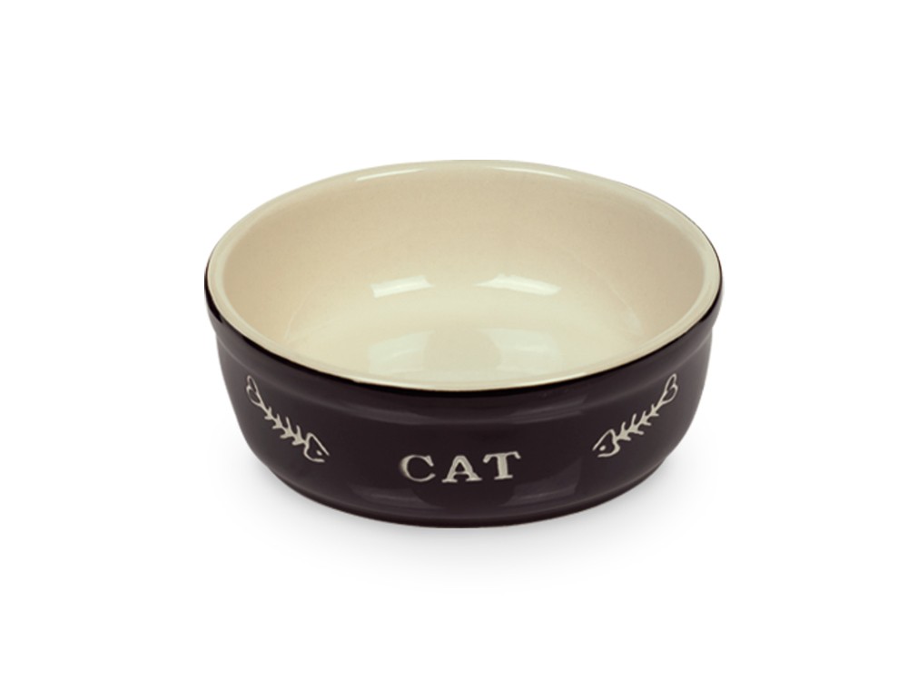 Castron pisici | Bol din ceramica "CAT" | negru / bej | Ø 13,5 X 5 CM