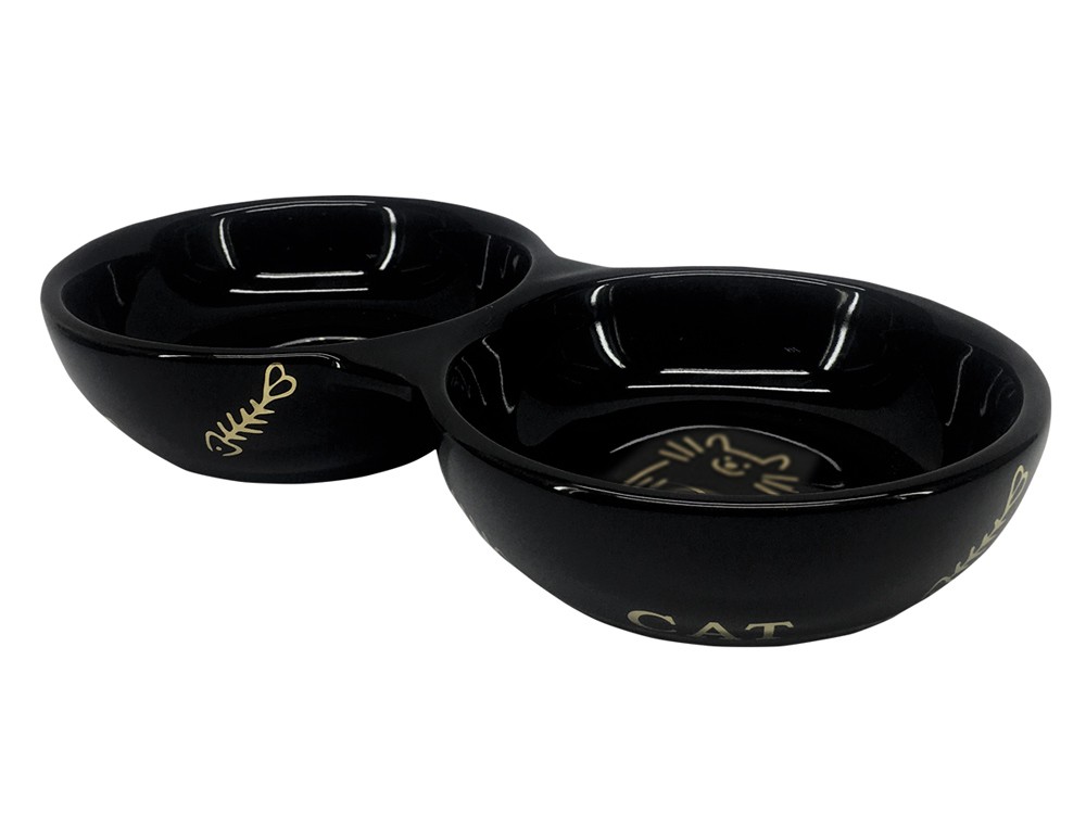 Castron pisici | Castron din ceramica  "Golden Cat" | negru | 22,0 x 4,0 cm, 2 x 0,13 l